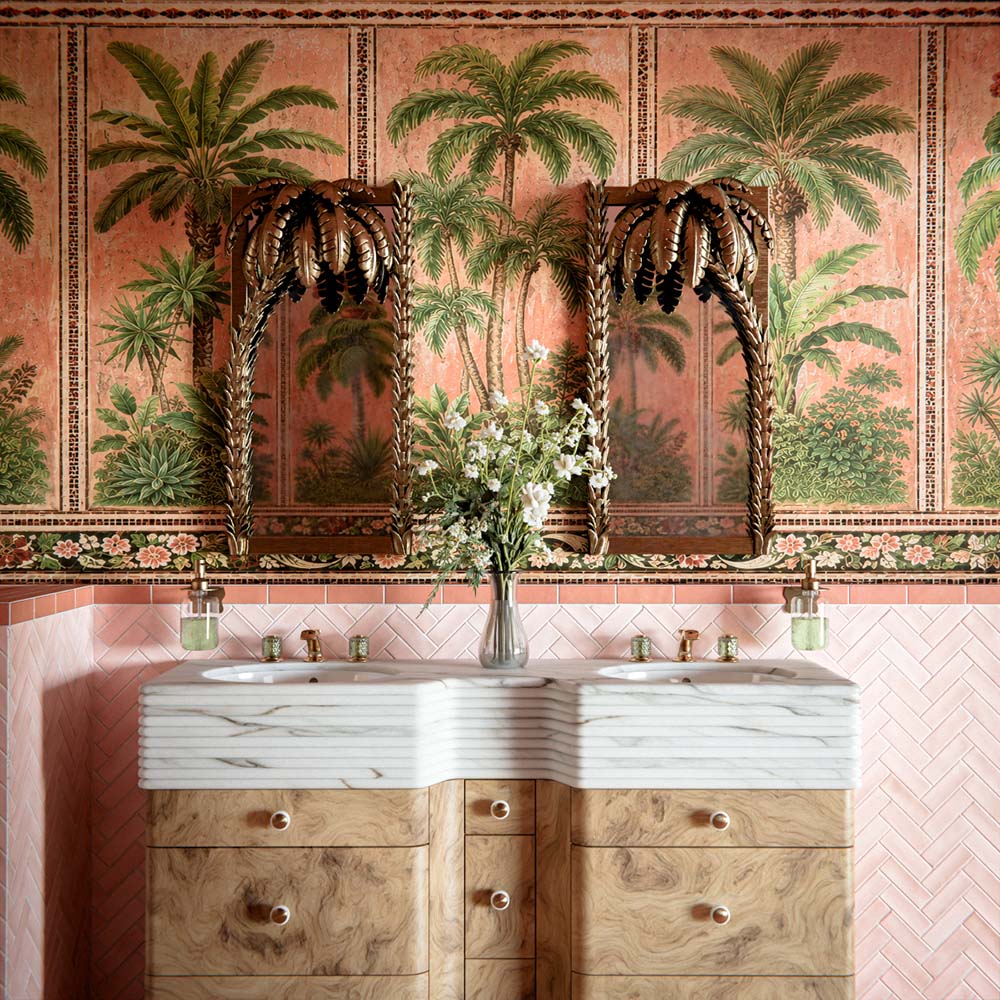 Waschtischbereich im Badezimmer mit Benomar Ziegelfliesen im marokkanischen Stil in Rosé- und Elfenbeintönen, vertikal verlegt, kombiniert mit rosafarbenem Waschbecken, Messingarmatur, Marmoroberfläche und Pflanzen.