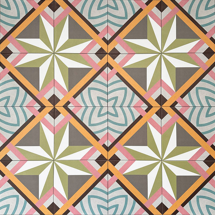 Kuba Stern Feinsteinzeugfliesen im marokkanischen Stil im Format 20 × 20 cm, angeordnet in einem sich wiederholenden geometrischen Sternmuster in sanften Grün-, Blau-, Rosa- und Senftönen. Die Draufsicht betont die klare Symmetrie, präzisen Linien und den dekorativen Zementfliesen-Look.