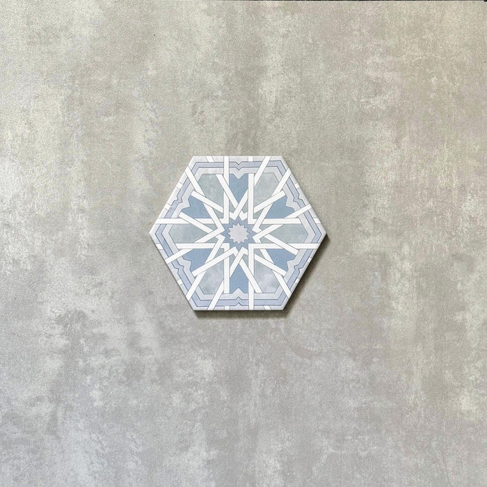 CELÁ VZORKA DLAŽBY Medina Hormuz Azúrová Modrá Hexagón Marocký 18,7 cm x 21,6 cm