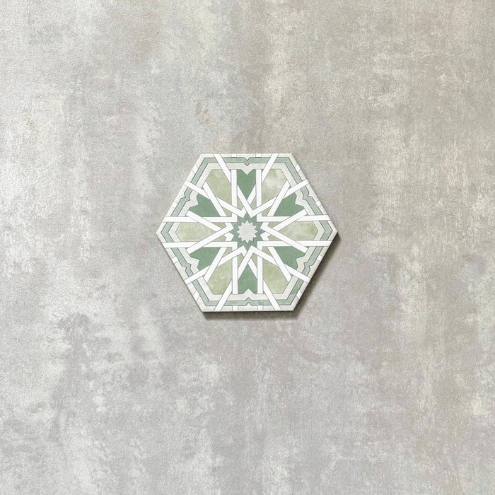 GANZE FLIESENPROBE Medina Hormuz Grün Hexagon Marokkanisch 18,7 cm x 21,6 cm