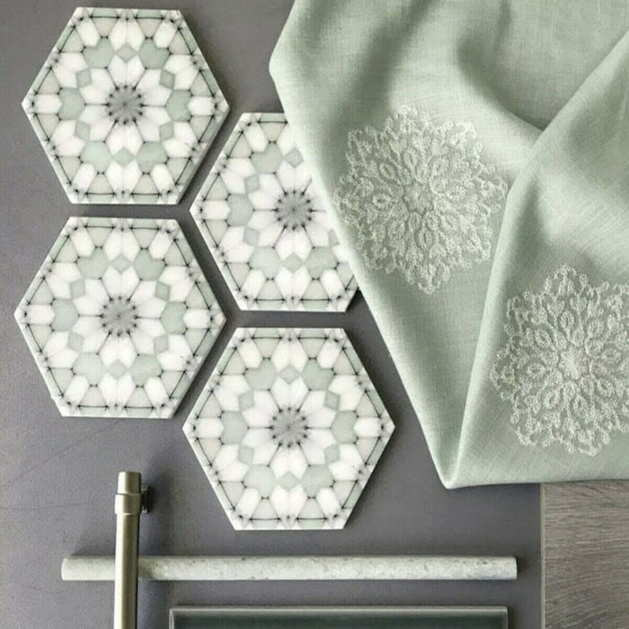 GANZE FLIESENPROBE Medina Soft Grün | Hexagon Fliese | 18,7 cm x 21,6 cm